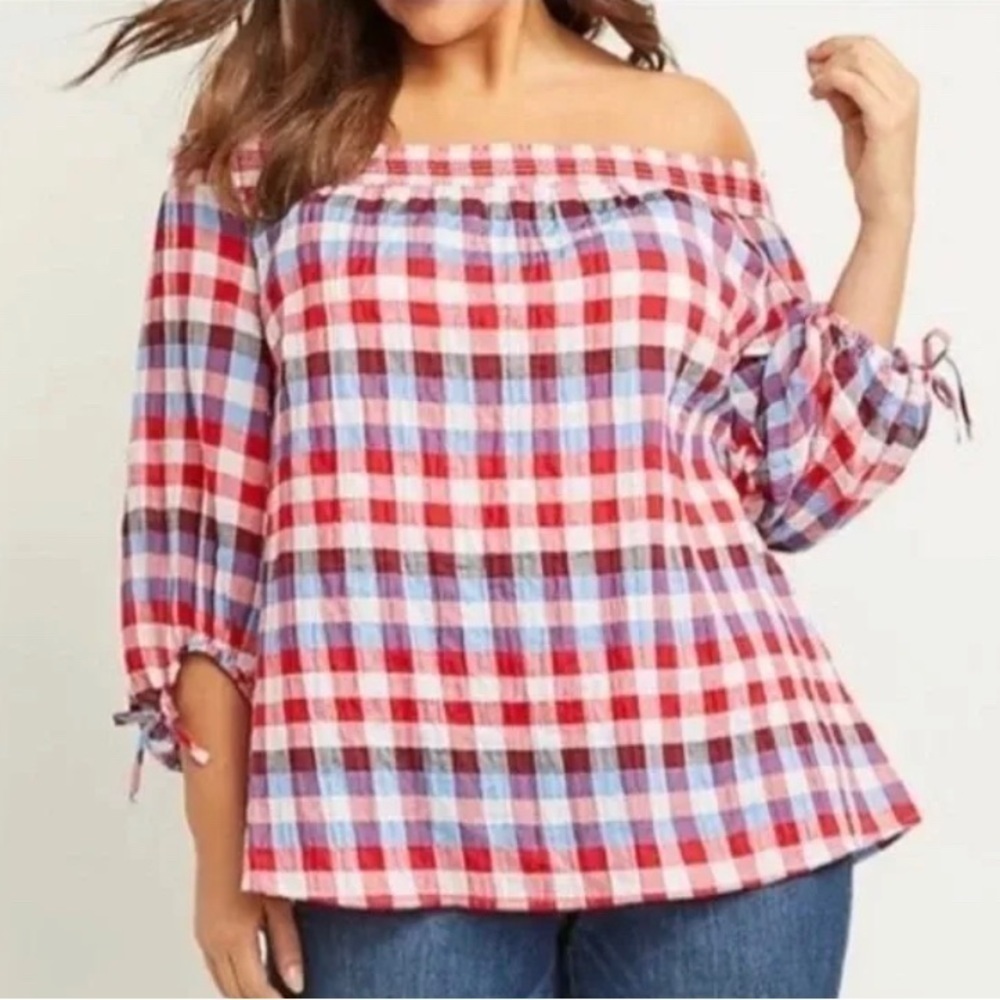 LANE BRYANT PULLOVER Blouse Off Shoulder‎ Crinkle Plaid Red/white/blue Sz-18/20